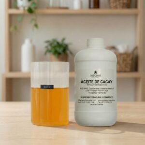 Botella de Aceite de Cacay puro 1000g con vaso de vidrio con aceite dorado Inzunai Naturals - Ingrediente natural con validaciones científicas